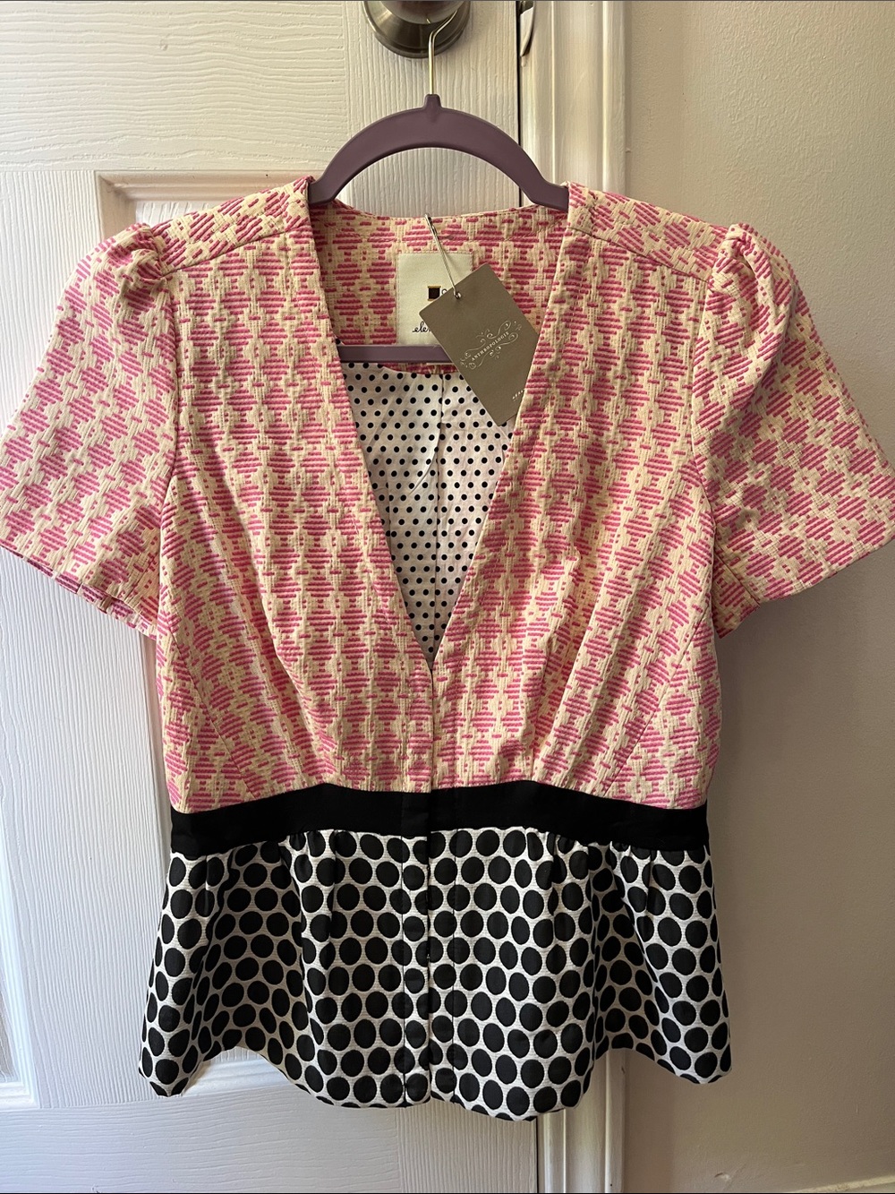 elevenses for Anthropologie Pink and Black polka dots lined short sleeve jacket